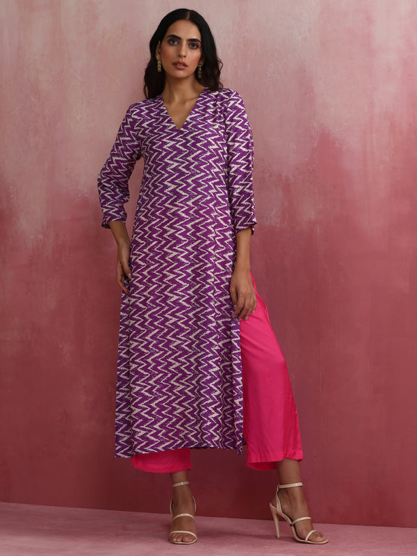 trueBrowns Purple Muslin Silk Printed Kurta Set