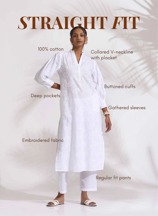 trueBrown White Cotton Schiffli Kurta Set