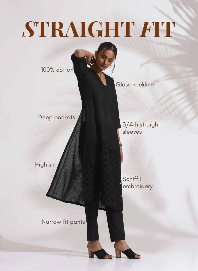 trueBrowns Black Cotton Schiffli Kurta Set