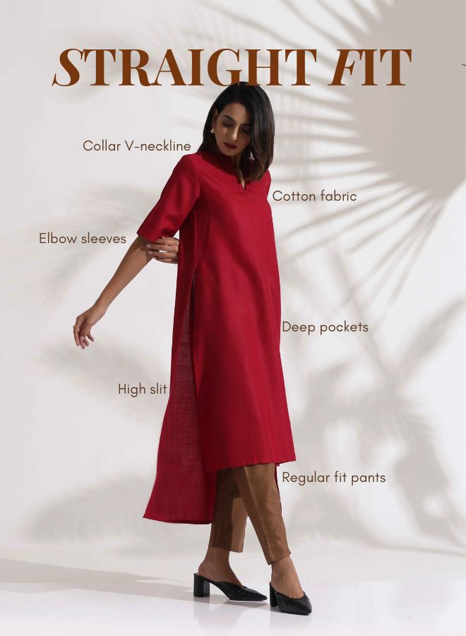 trueBrowns Maroon Slub Highslit Kurta Set