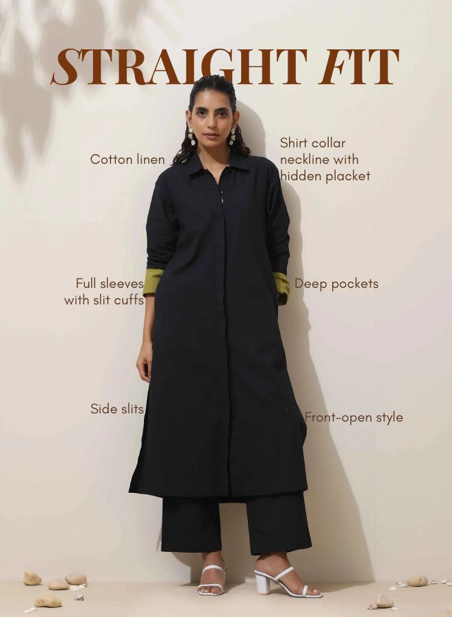 trueBrowns Black Cotton Linen Kurta Pant Set