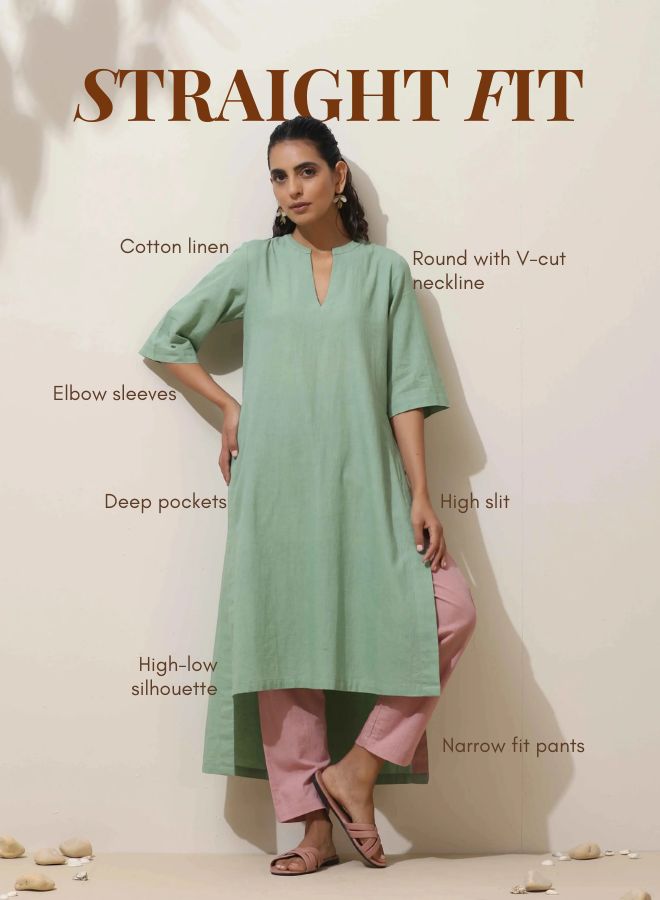 trueBrowns Mint Green Cotton Linen Kurta Pant Set