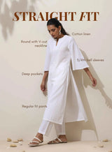 trueBrowns Off White Cotton Linen Angrakha Kurta Pant Set