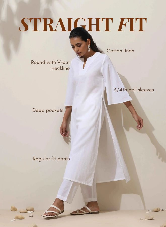 trueBrowns Off White Cotton Linen Angrakha Kurta Pant Set