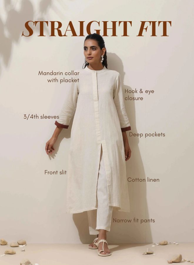trueBrowns Off-White Cotton Linen Kurta Pant Set