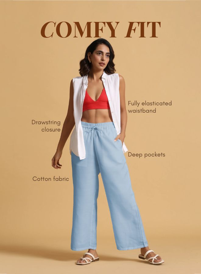 trueBrowns Light Blue Cotton Blend Straight Drawstring Pants