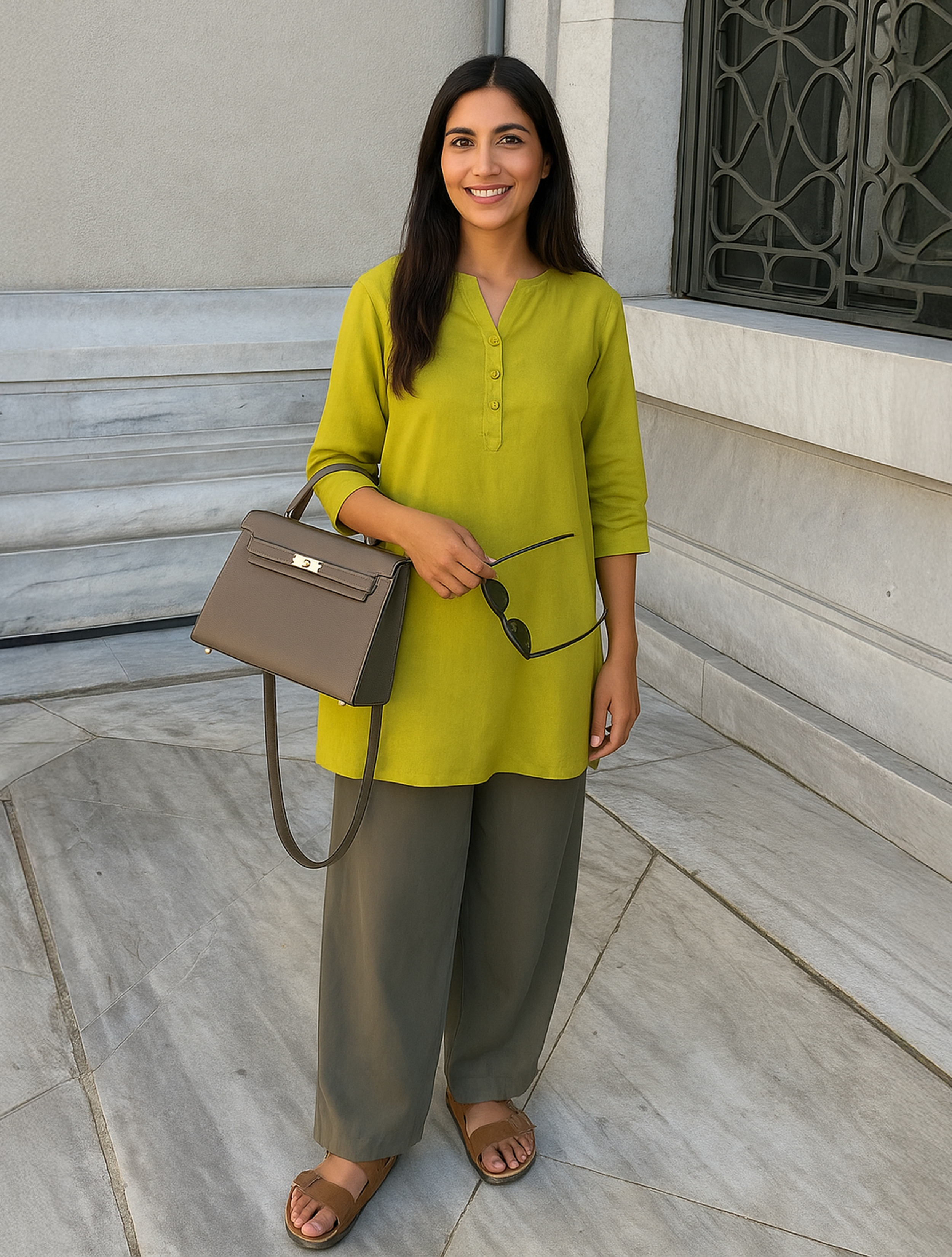 trueBrowns Lime Cotton Blend Short Kurta