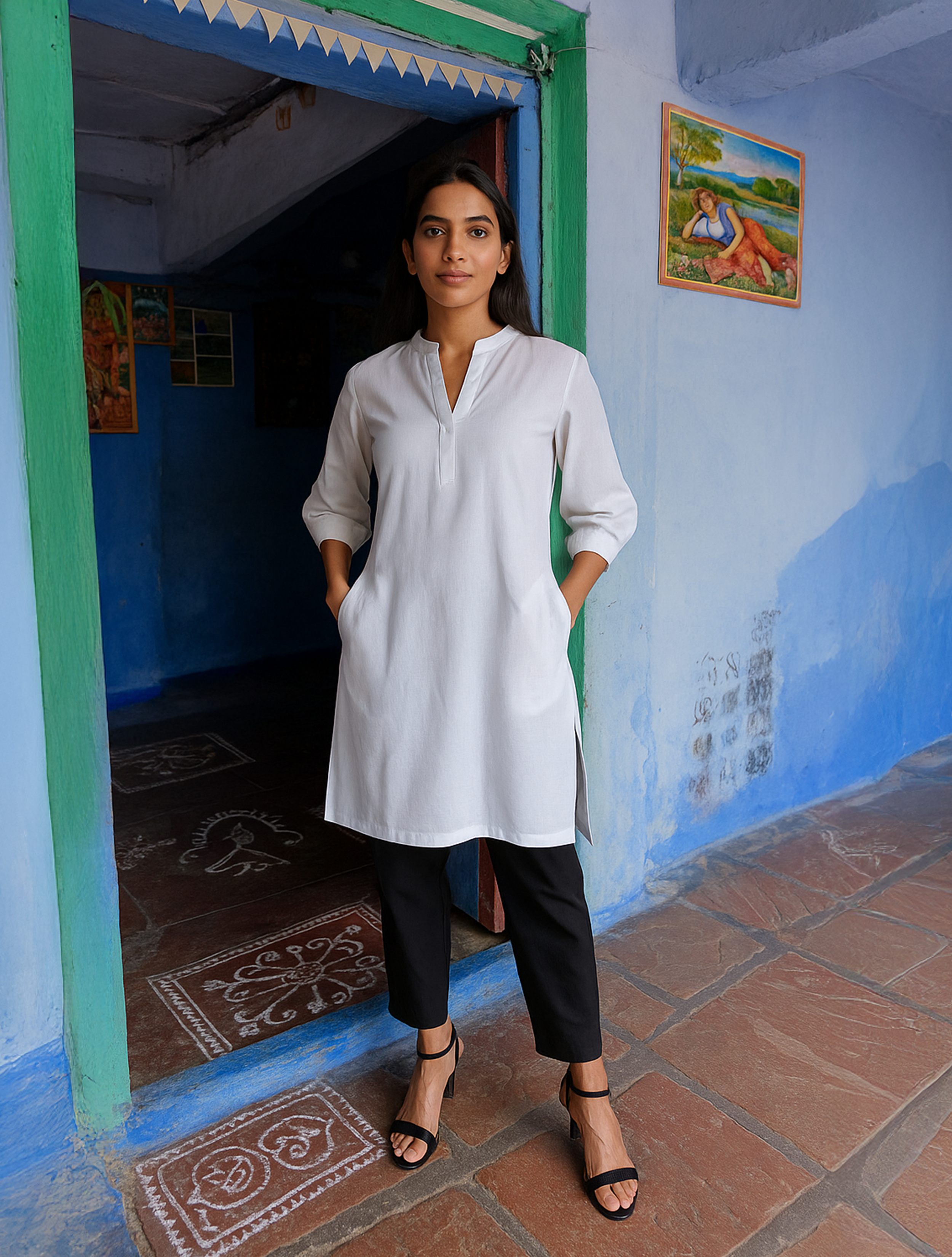 trueBrowns White Cotton Blend Short Kurta