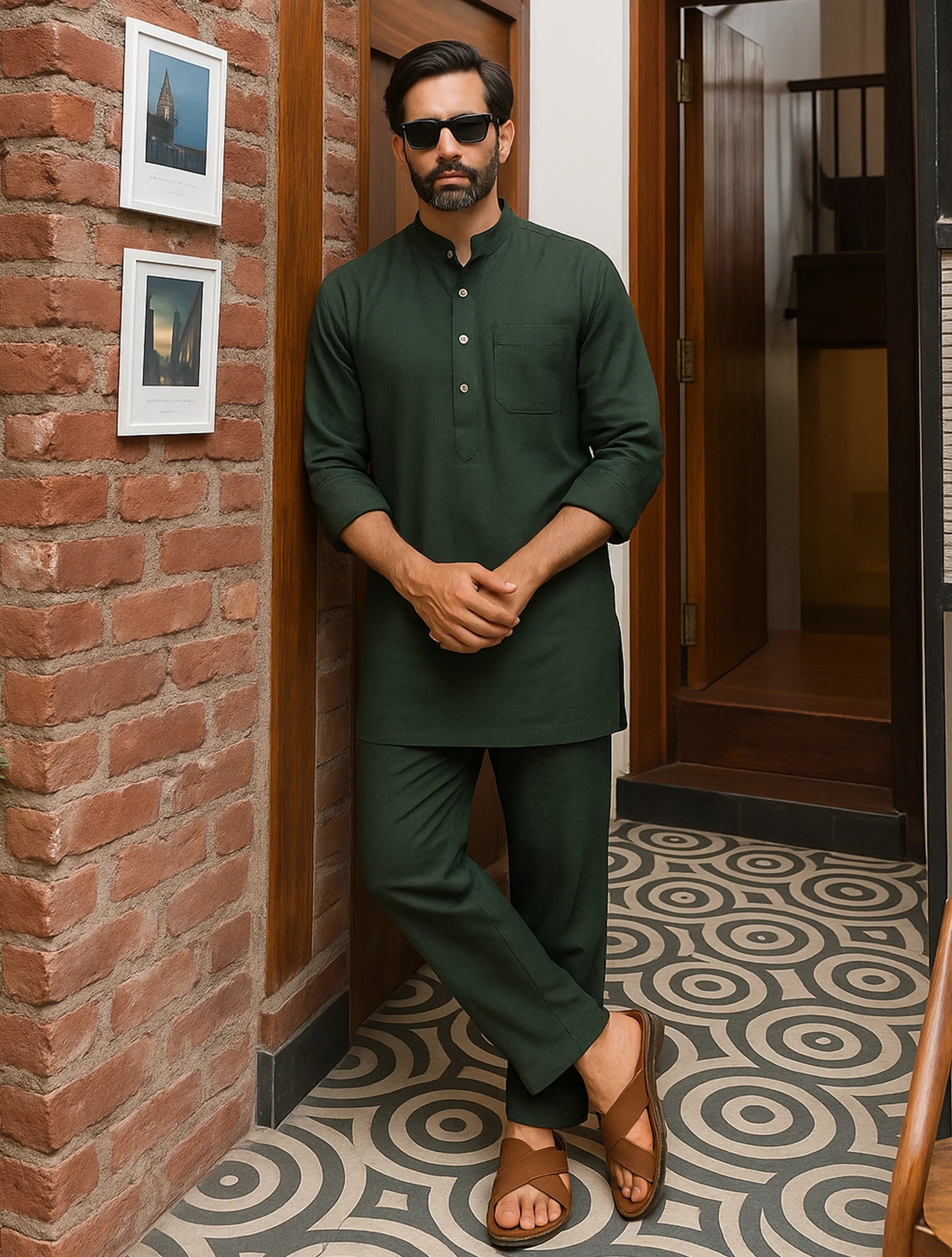 trueBrowns Men's Green Cotton Co-ord set