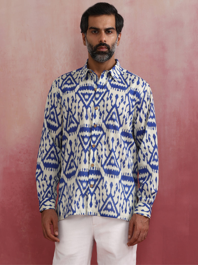 trueBrowns Men's Blue Ikat Cotton Shirt