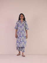 trueBrowns Blue Cotton Ikat High-Low Kurta Pant Set