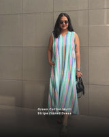 trueBrowns Green Cotton Multi Stripe Flared Dress