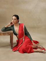 Red Bandhani Printed Silk Skirt Stitched Saree with Belt