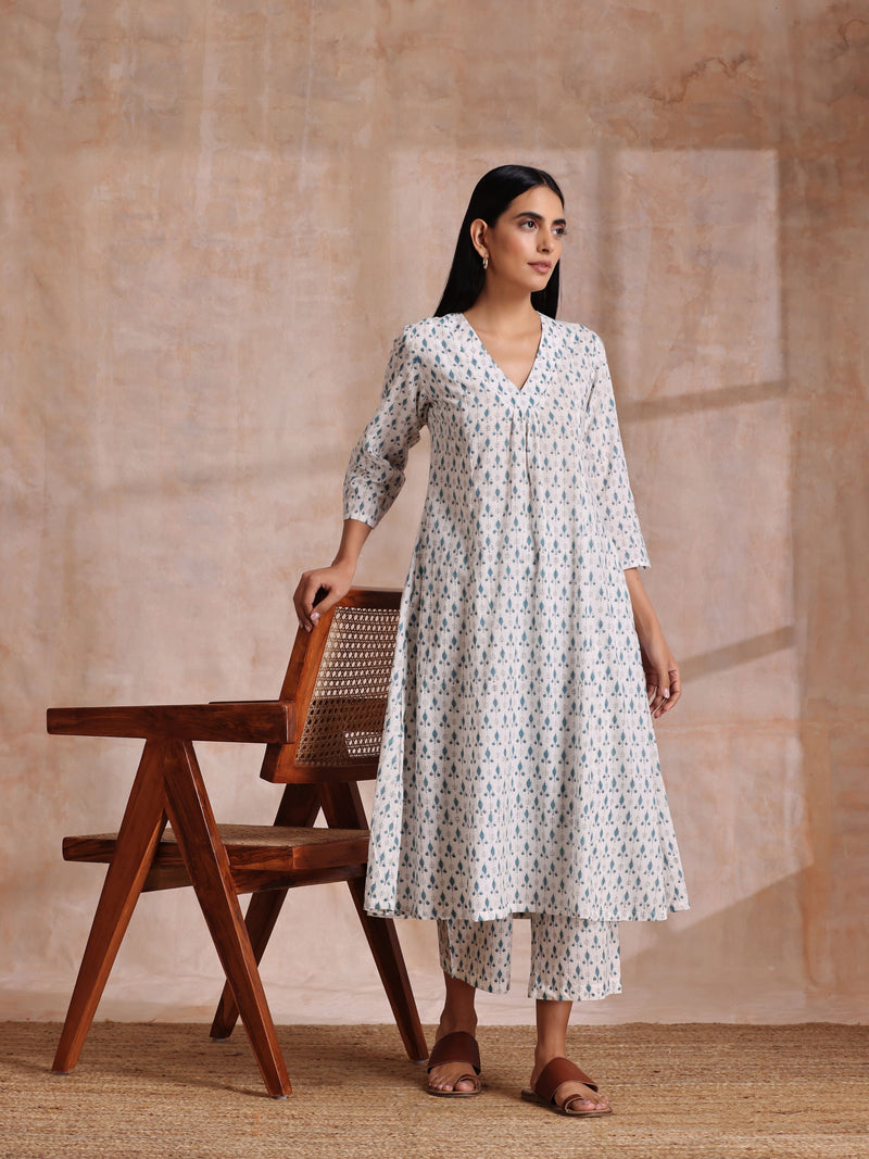 White With Teal Buta Block Print Cotton Front Neck Gathered Kurta Pant Set