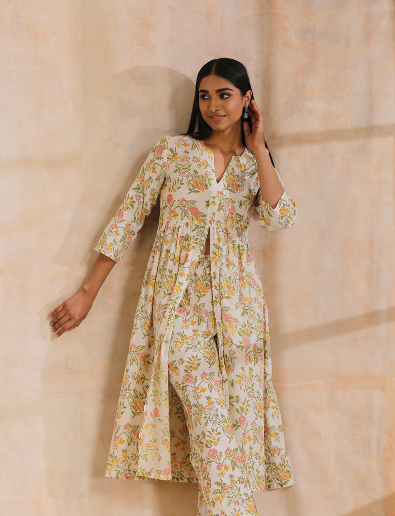 White Multi Color Overall Block Print Cotton Kurta Pant Set