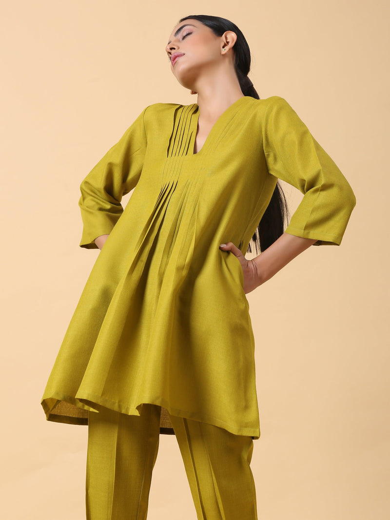 Cotton Linen Lime Green Pleated Co-Ord Set - trueBrowns