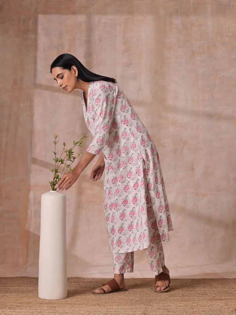 Pink Green Buta On White Block Print Cotton Slit Kurta Pant Set