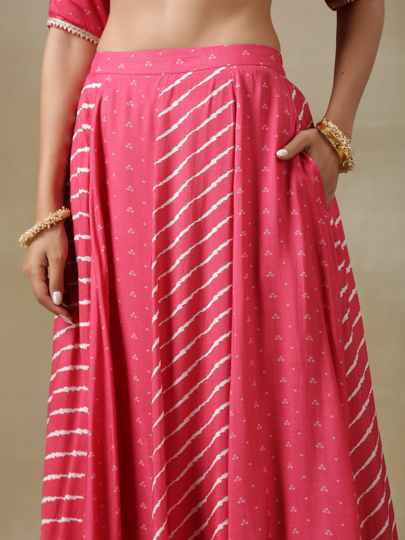 Pink Bandhani Printed Silk Top Skirt with Light Green Dupatta Set