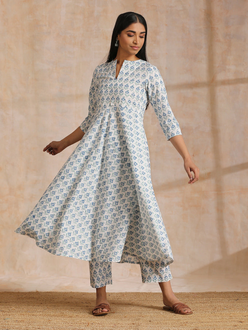 White With Blue Green Buta Print Cotton Flared Kurta Pant Set