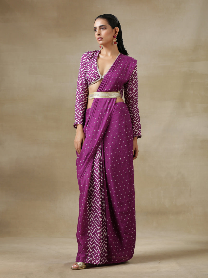 Purple Bandhani Printed Silk Pre-Pleat Stitched Saree with Belt