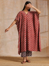 Rust Red Bagru Floral Print Cotton Panel Kaftan Kurta Pant Set