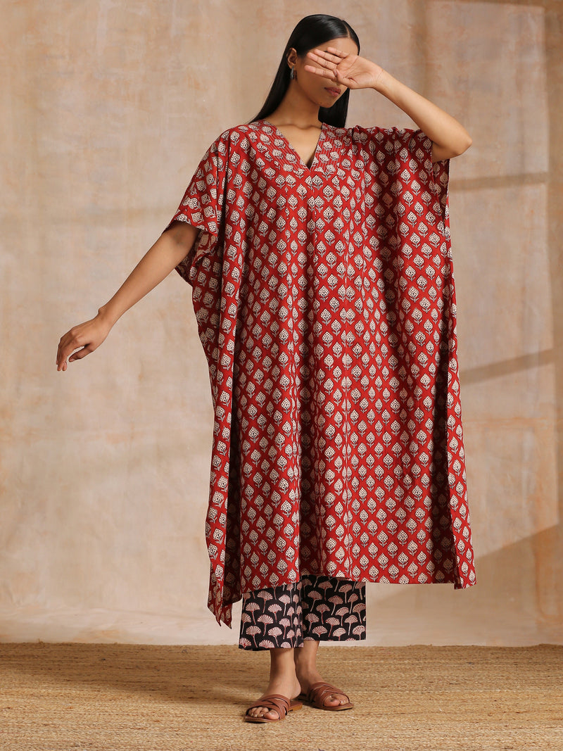 Rust Red Bagru Floral Print Cotton Panel Kaftan Kurta Pant Set