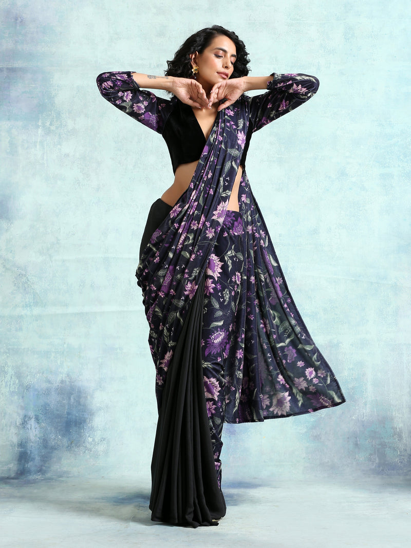Black Printed Velvet Pre-Stitched Saree
