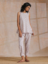 White With Grey Buta Block Print Cotton Sleeveless Co-Ord Set
