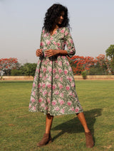 Sage Cotton Block Print Lapel Collared Dress - trueBrowns