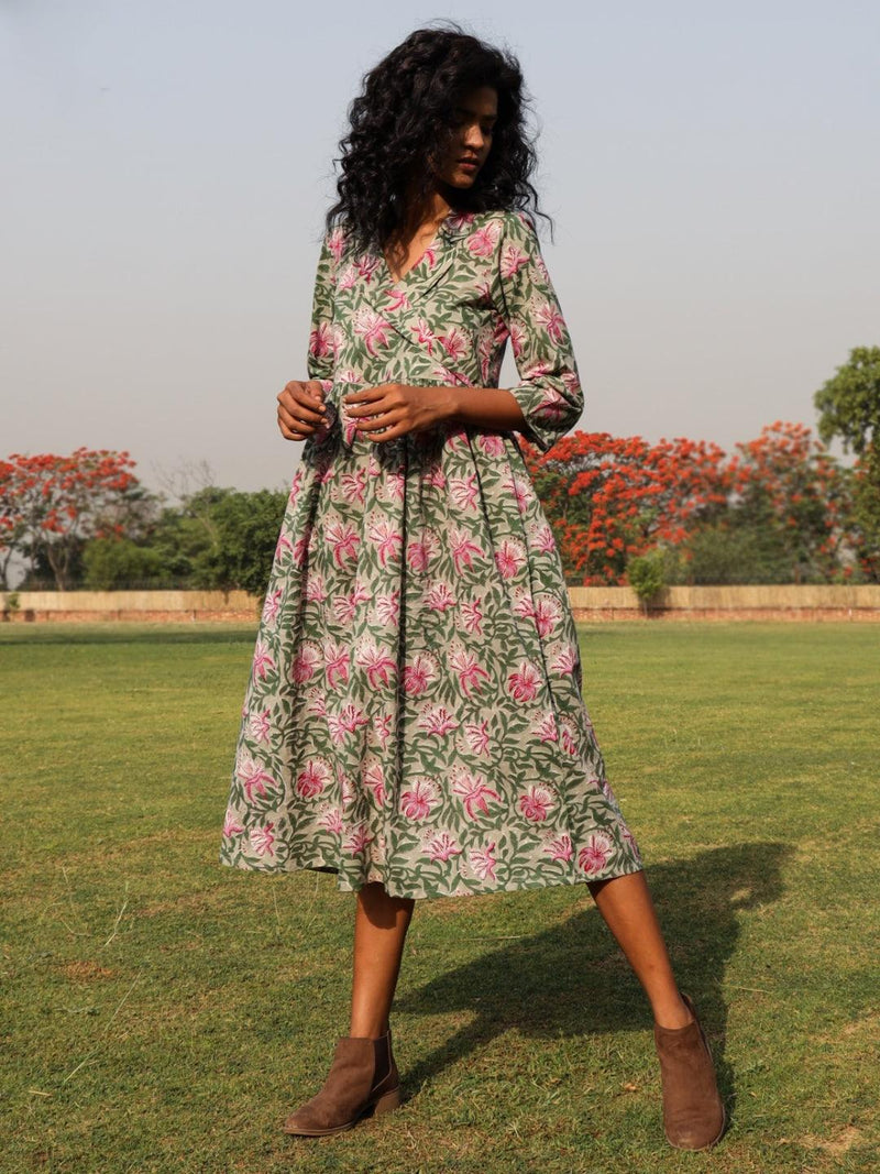 Sage Cotton Block Print Lapel Collared Dress - trueBrowns