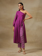 Purple Bandhani Printed Silk One Shoulder Kurta Pant Set