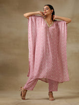 Light Mauve Bandhani Printed Silk Kaftan Kurta Pant Set