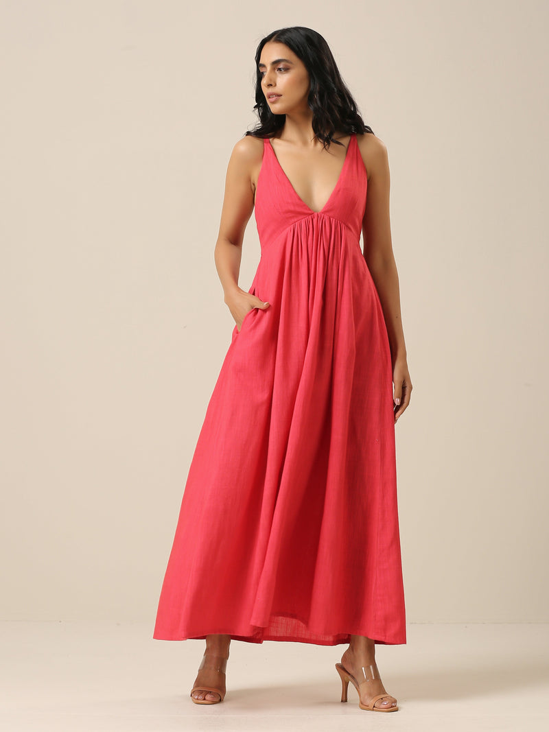 Bright Pink Slub Texture Sleeveless Dress