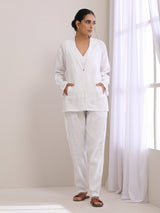 White Slub Texture Pant Suit Set