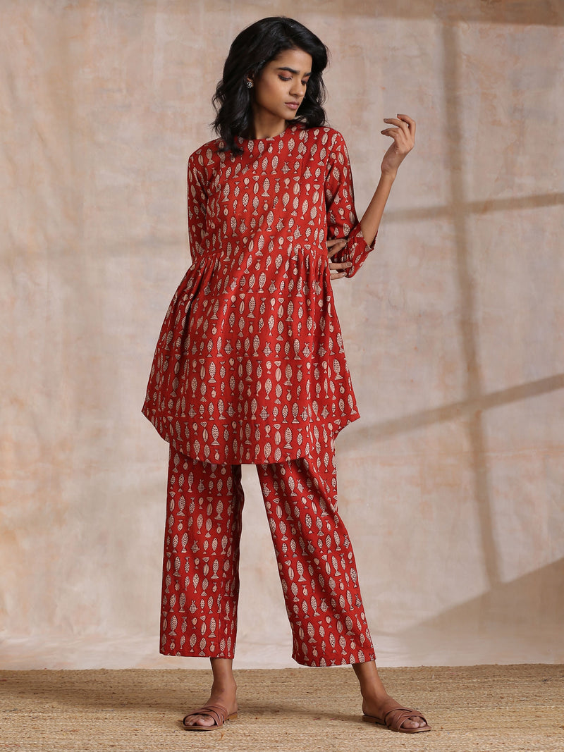 Rust Red Bagru Fish Print Cotton Gathers Co-Ord Set
