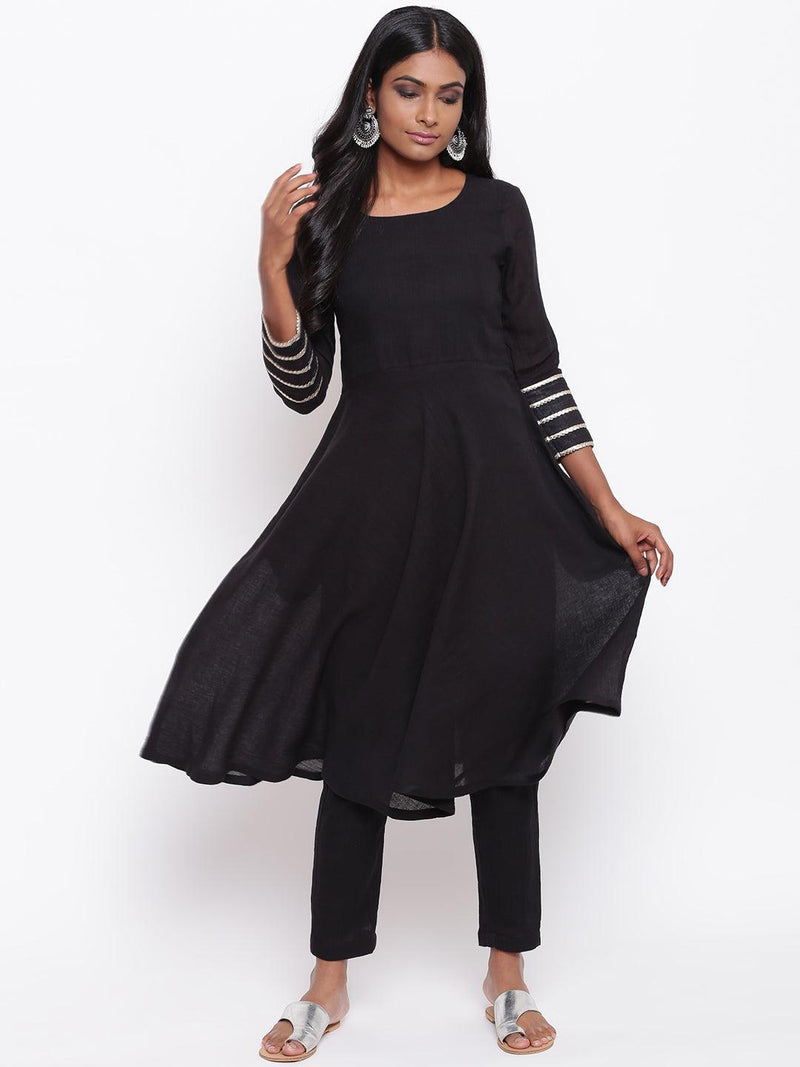 Pure Cotton Black Gota Sleeve Kurta Set - trueBrowns