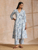 White With Overall Blue Print Cotton Angrakha Kurta Pant Set