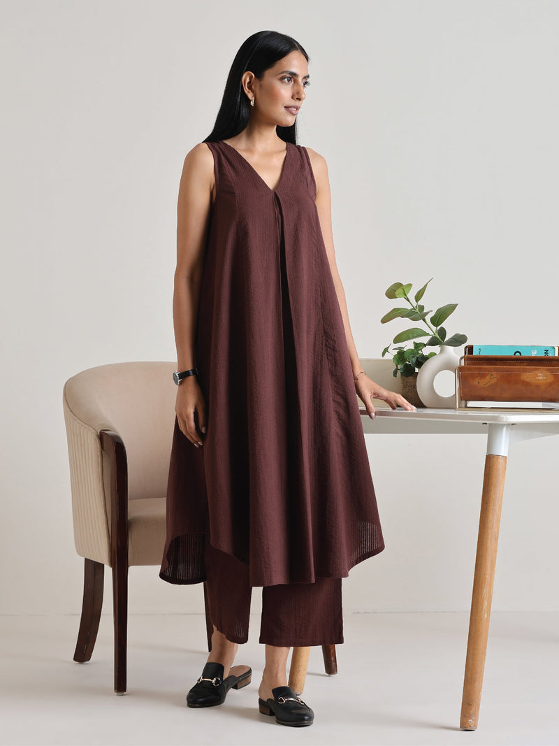 Cola Brown Sleeveless Flared  Kurta Pant Set