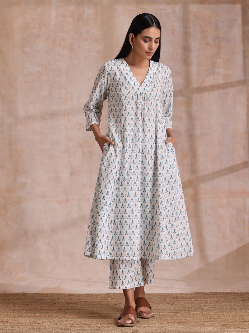White With Teal Buta Block Print Cotton Front Neck Gathered Kurta Pant Set