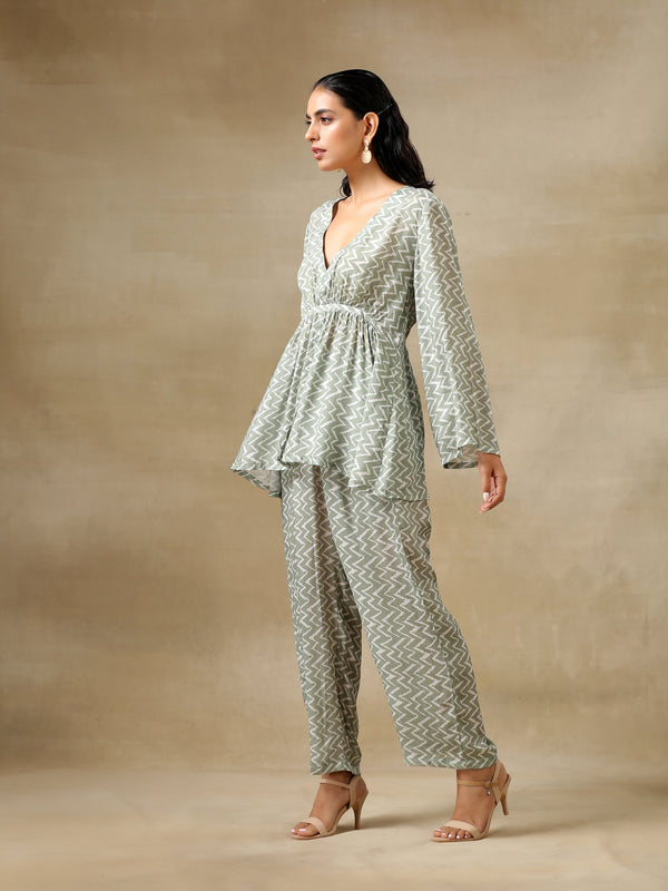 Light Green Bandhani Printed Silk V-Neck Co-Ord Set