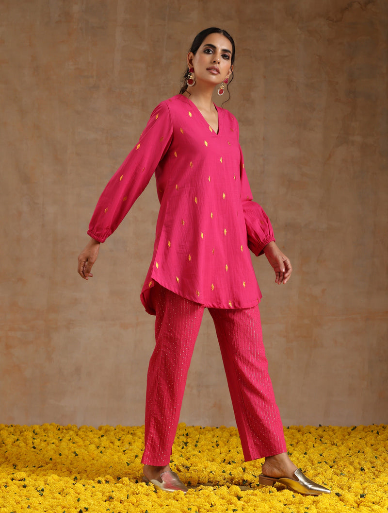 Pink Gold Cotton Short Co-Ord Set