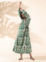 trueBrowns Green Cotton Ikat Flared Dress