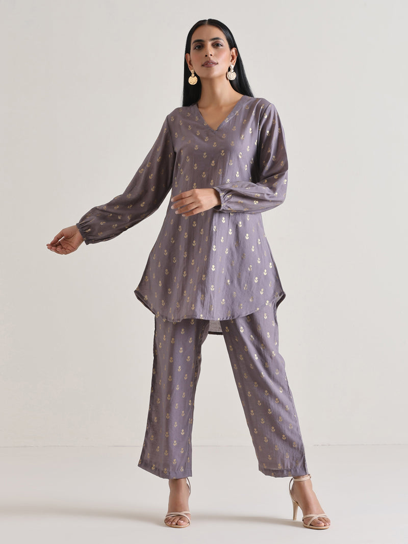 Plum Grey Foil Short Co-Ord Set