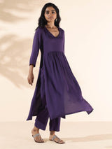 trueBrowns Purple Viscose Dobby Slit Kurta Pant Set