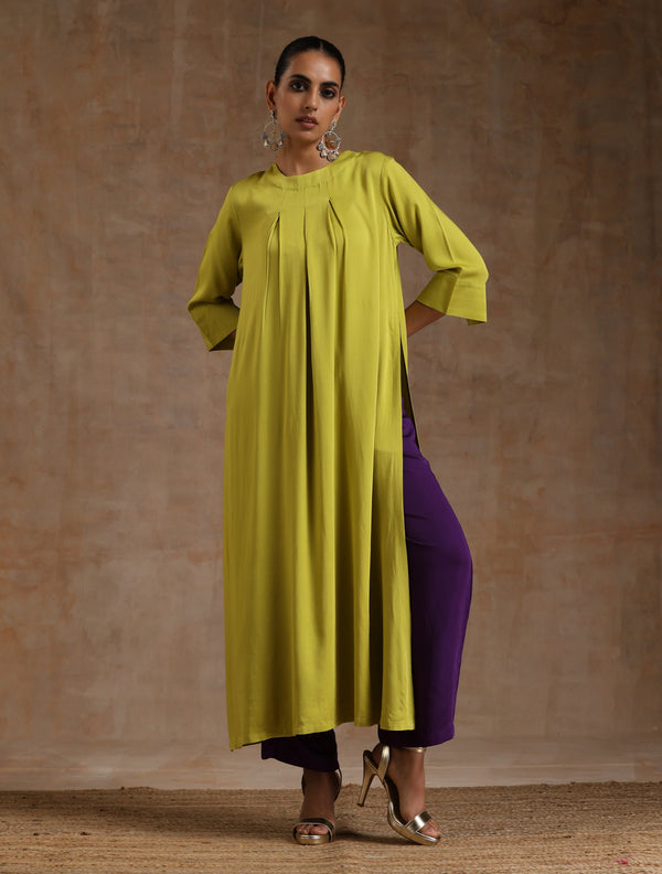 Lime Modal Satin Neck Pleat Kurta Set