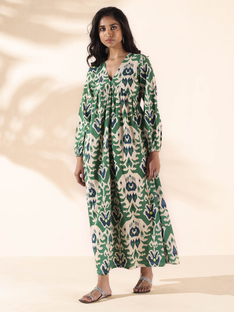 trueBrowns Green Cotton Ikat Flared Dress