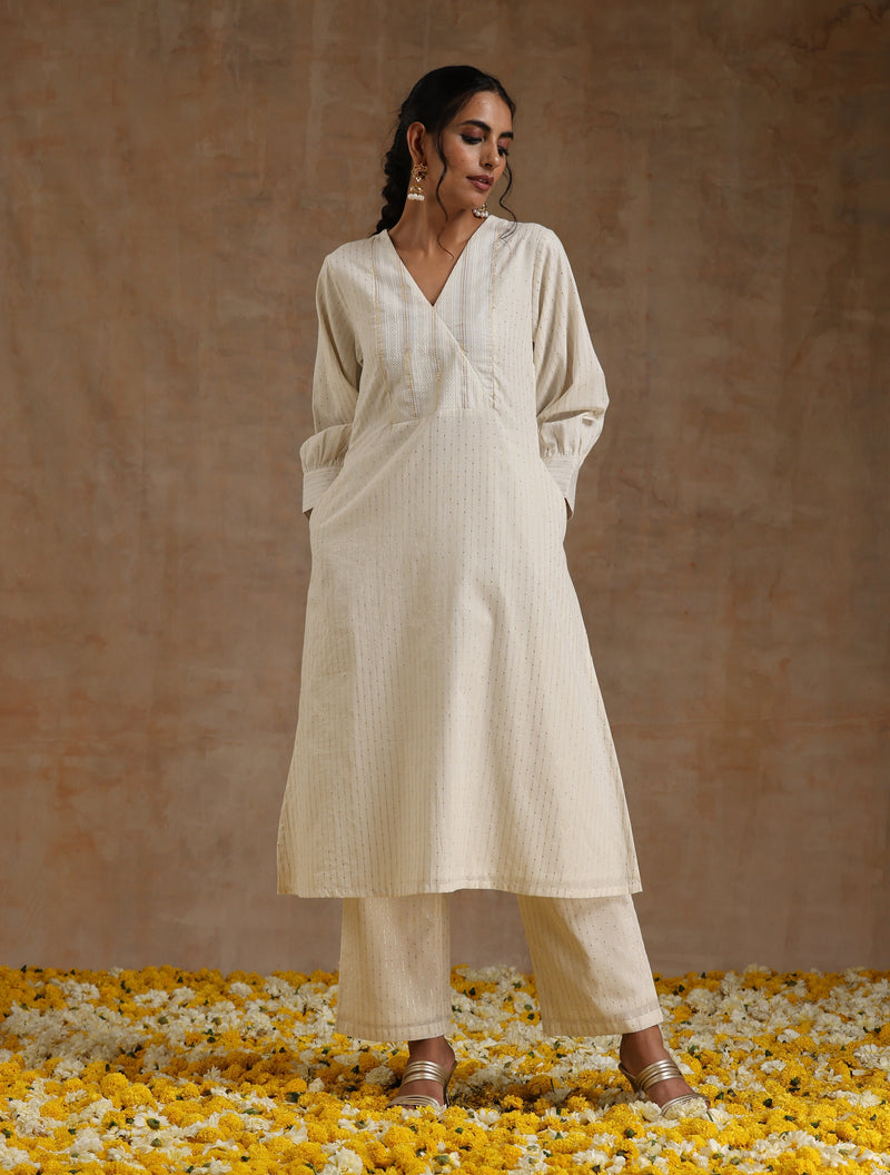 Ivory Gold Cotton Overlap Yoke Kurta Set