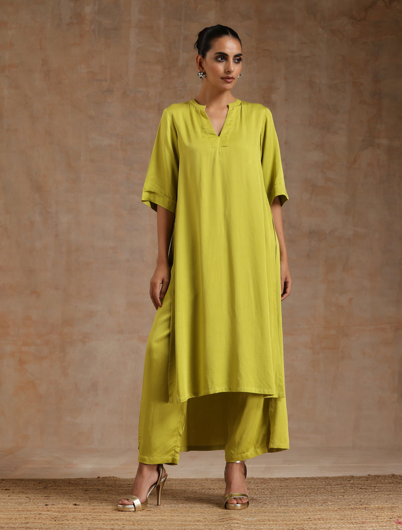 Lime Modal Satin High-Low Relax Kurta Set