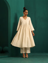 trueBrowns Ivory Tonal Cotton Anarkali Kurta Pant Set