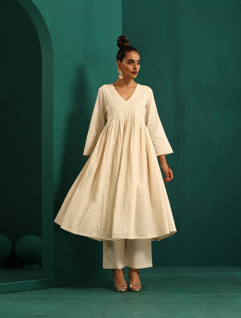 trueBrowns Ivory Tonal Cotton Anarkali Kurta Pant Set